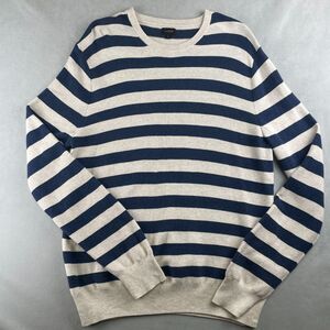 J Crew Sweater Men L Navy Gray Striped Crewneck Pullover Casual Soft Knit Preppy
